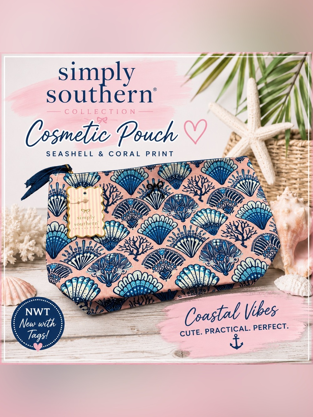 Simply Southern NWT Seashell Coral Print Cosmetic Makeup Pouch Coastal Beach